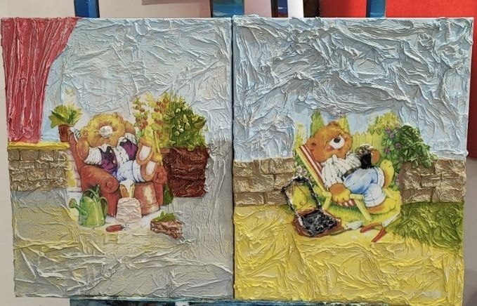 Two textured canvases with teddy bear scenes